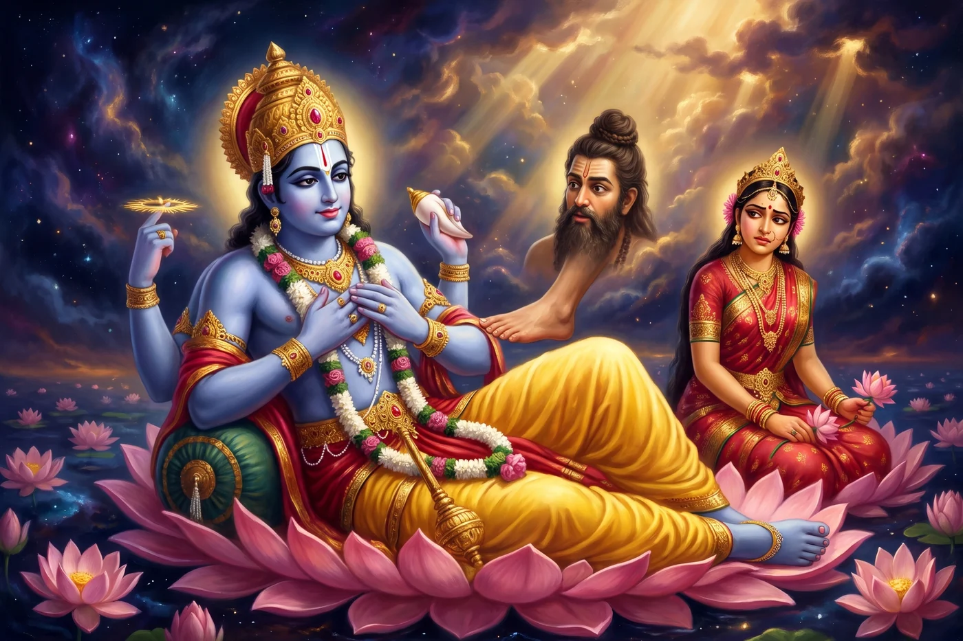 The sage Bhrigu plants his foot on the chest of the reclining Vishnu, who rises with folded hands while Lakshmi sits beside him
