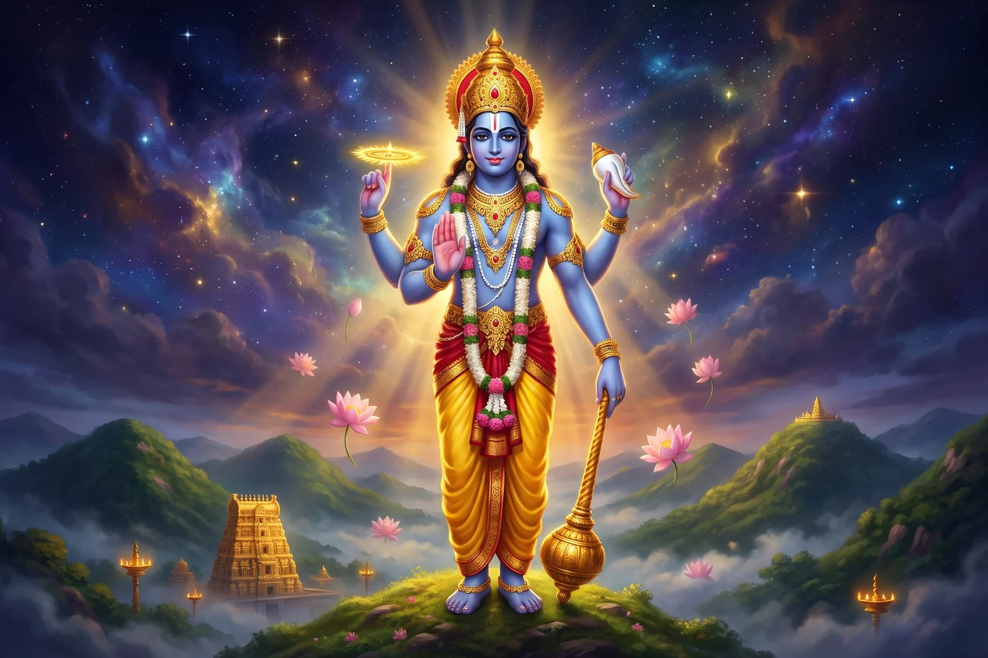 Srinivasa stands on the seven hills of Tirumala at dawn with the temple tower below him