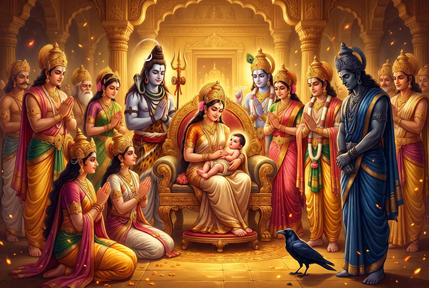 Shani keeps his eyes lowered while the gods admire the baby
