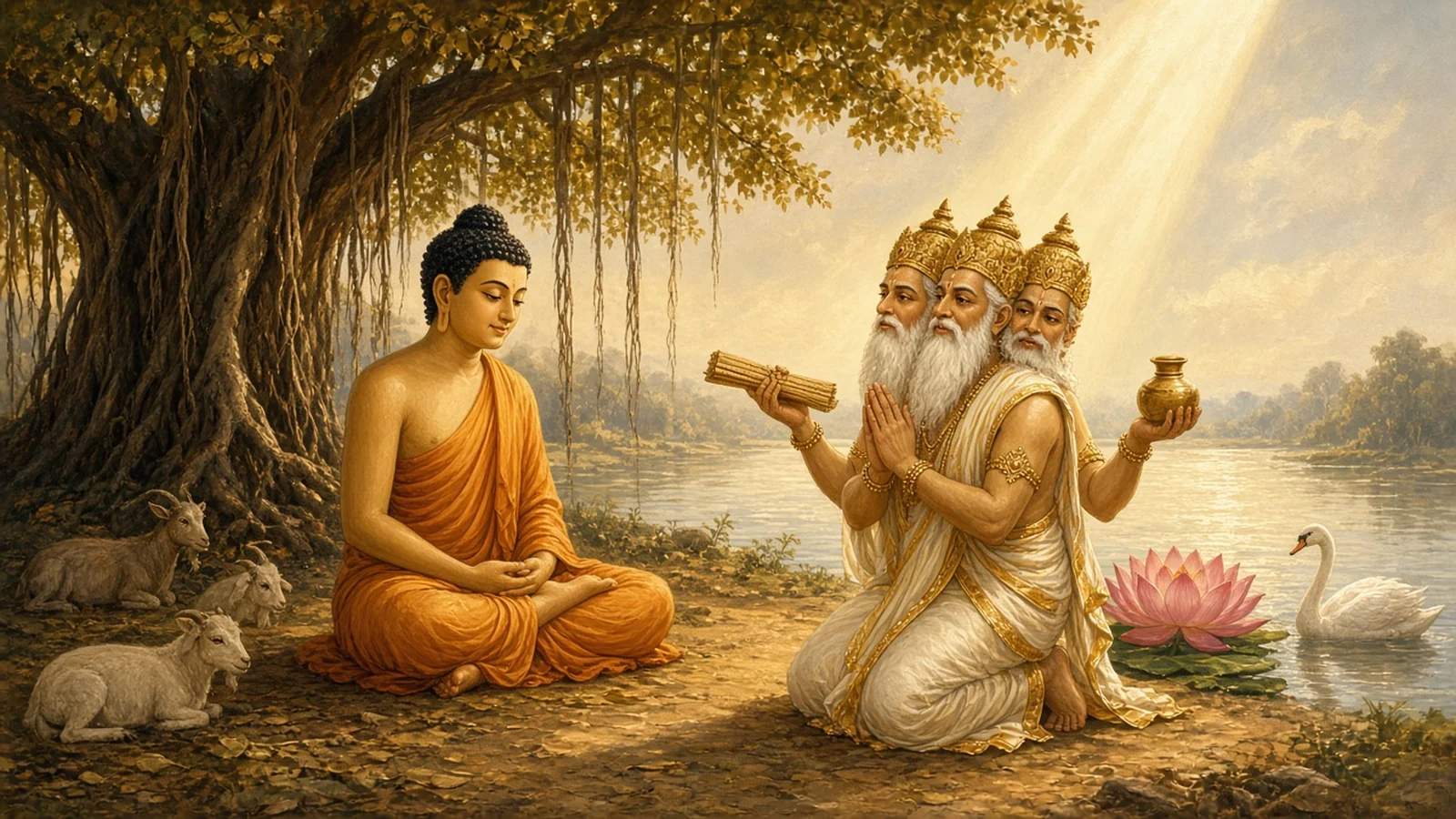 Brahma Kneels Before the Buddha