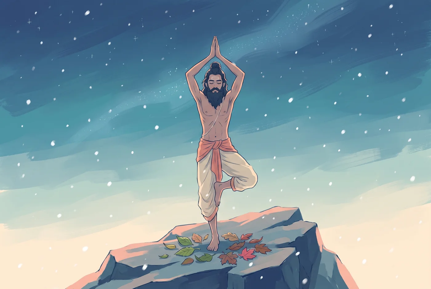 Bhagiratha stands in penance in the Himalaya while the river waits in the sky