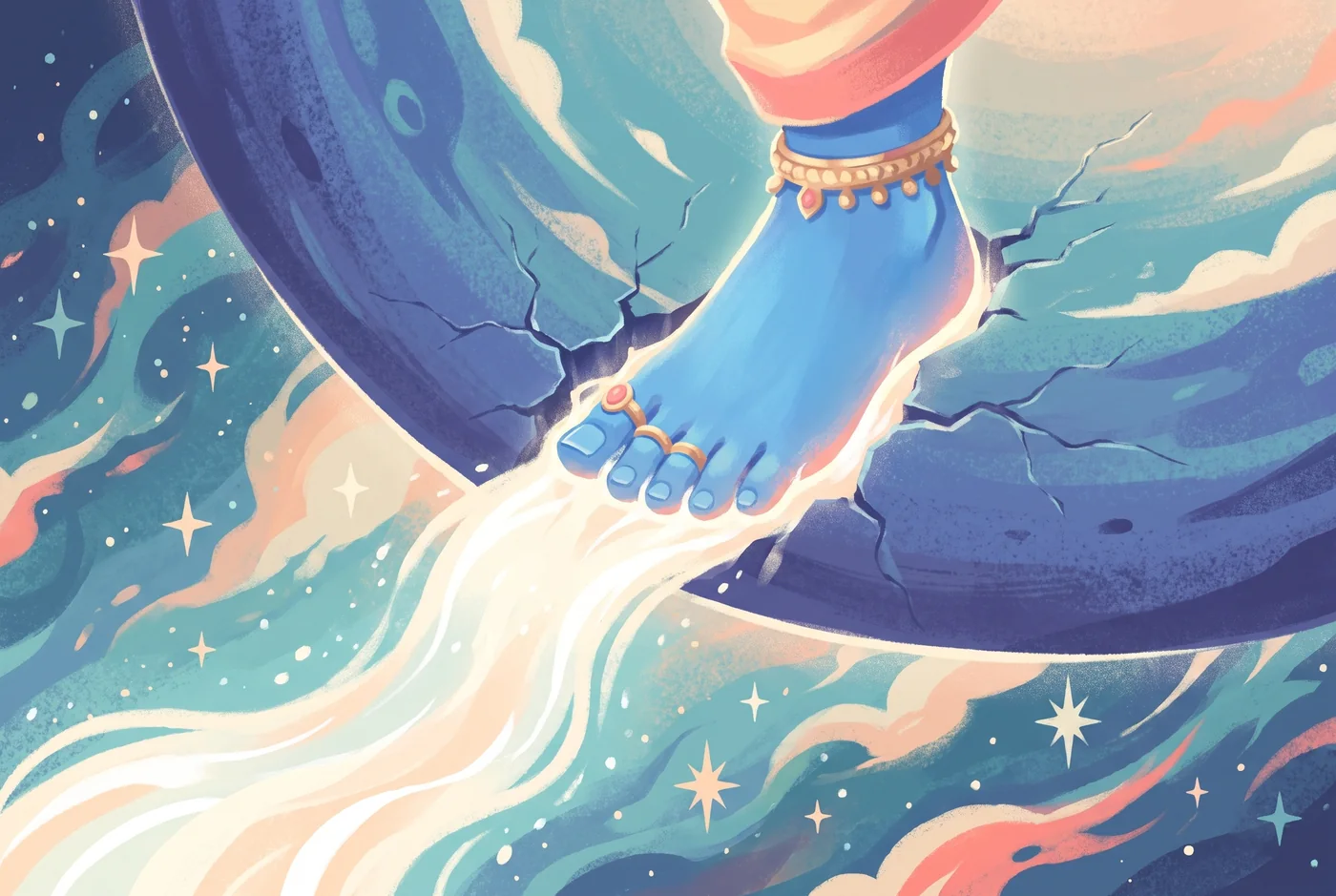 Water from beyond the worlds pours in over the foot of Vishnu