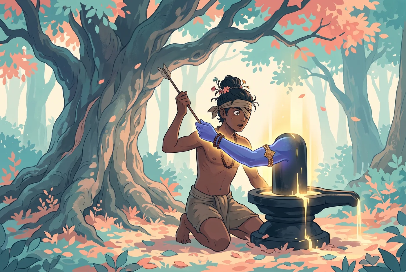 A hand from the linga holds back the hunter's arrow