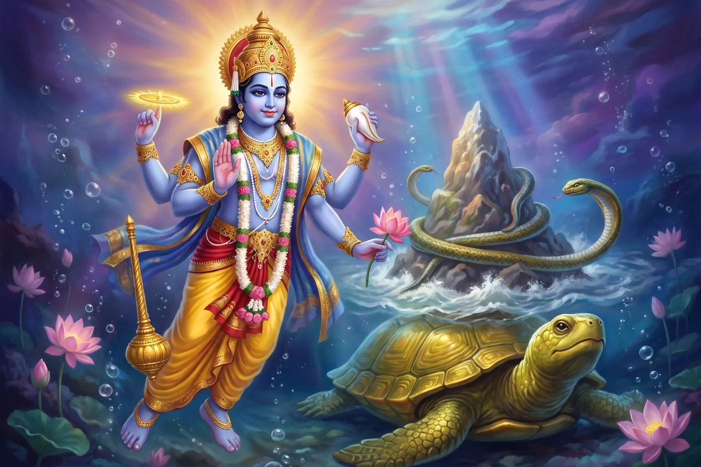 The great tortoise under the sea holds Mount Mandara on his back while the serpent rope turns it