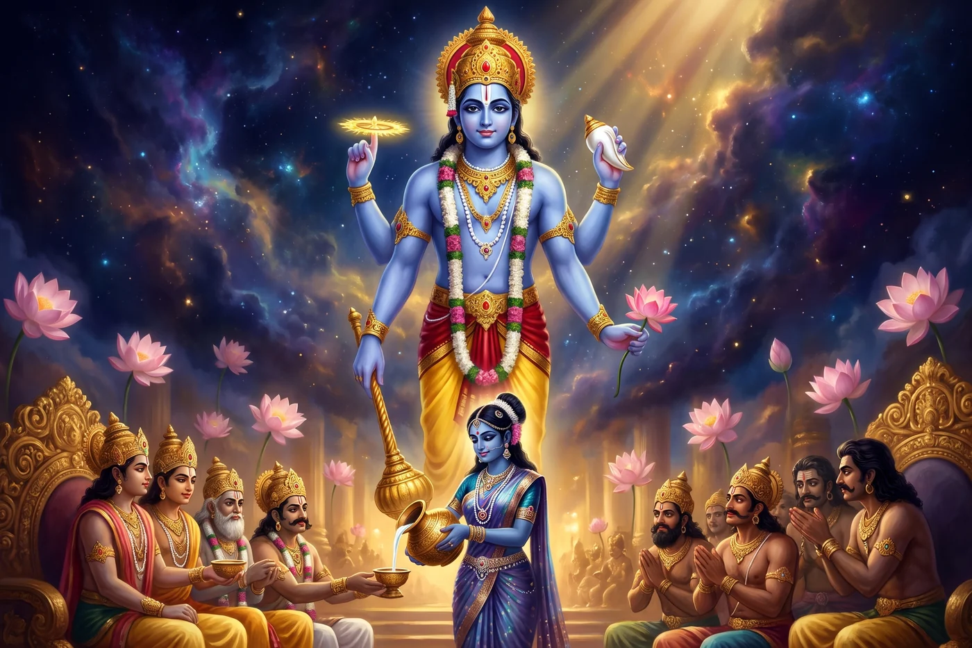 Mohini pours the nectar for the seated gods while the asuras watch and wait