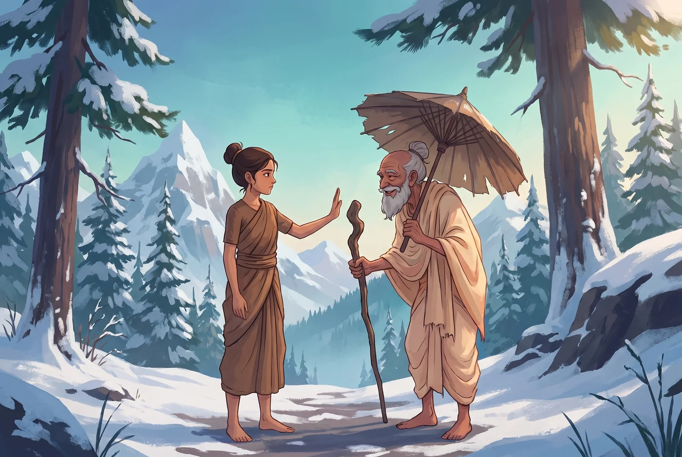 An old brahmin tries to talk Parvati out of her penance