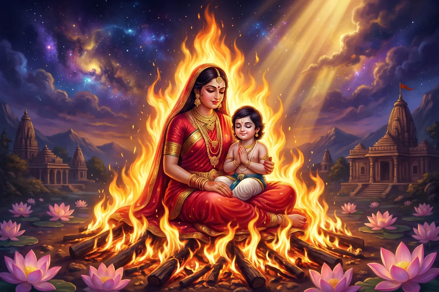The boy Prahlada sits calm in the great fire on his aunt Holika's lap, the flames leaving him untouched