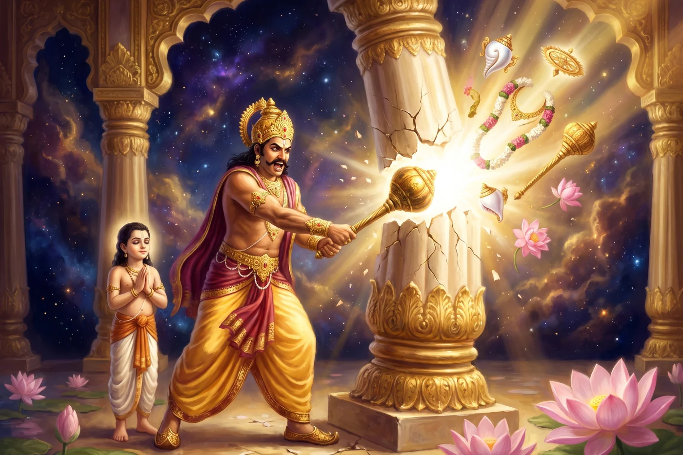 Narasimha bursts from the cracked palace pillar at dusk, the king falling back, the boy Prahlada calm nearby