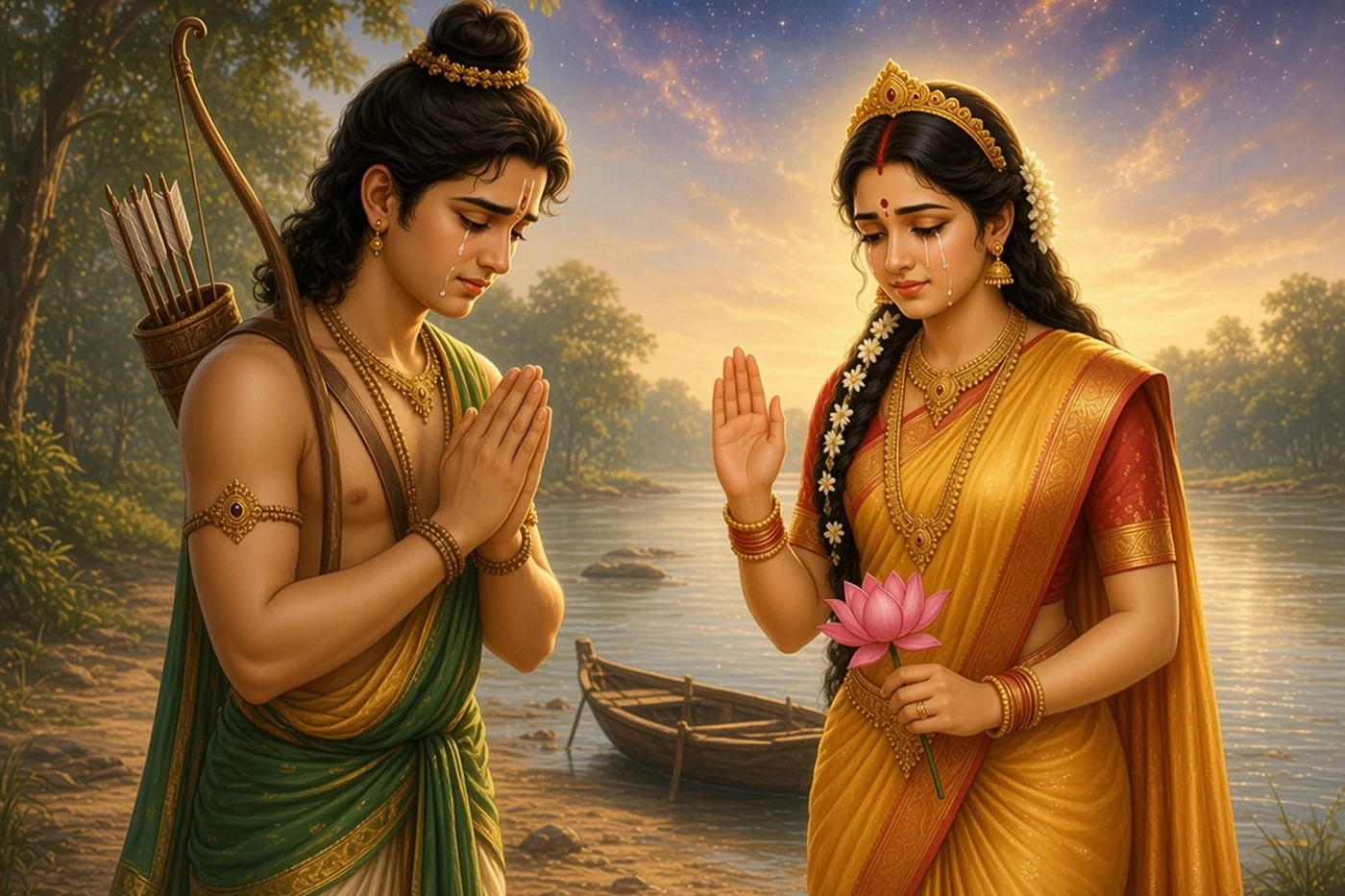 On the far bank of the Ganga Sita gives Lakshmana her message for the king