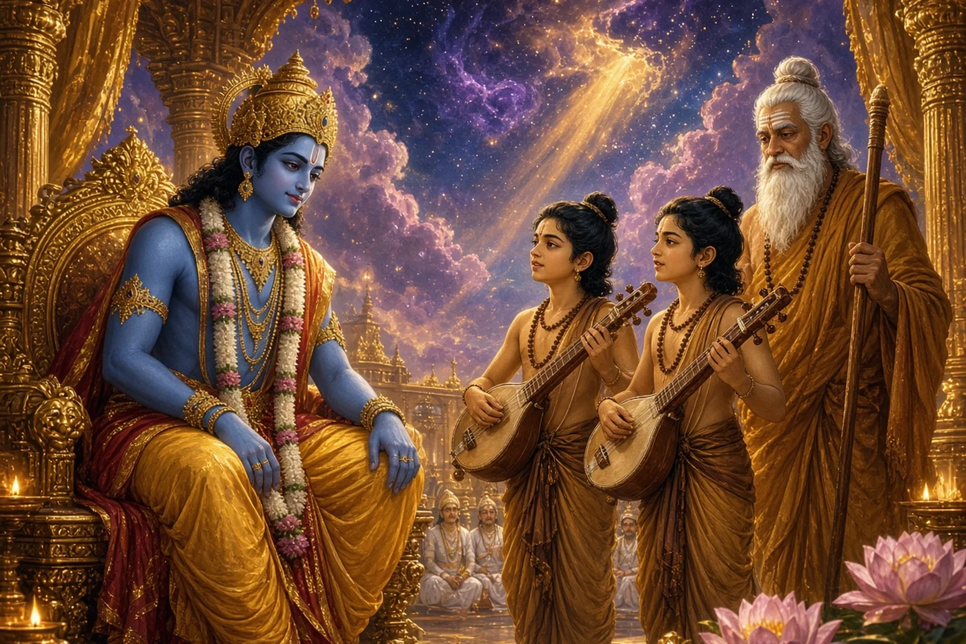 The twins Kusha and Lava sing the Ramayana before Rama as Valmiki looks on
