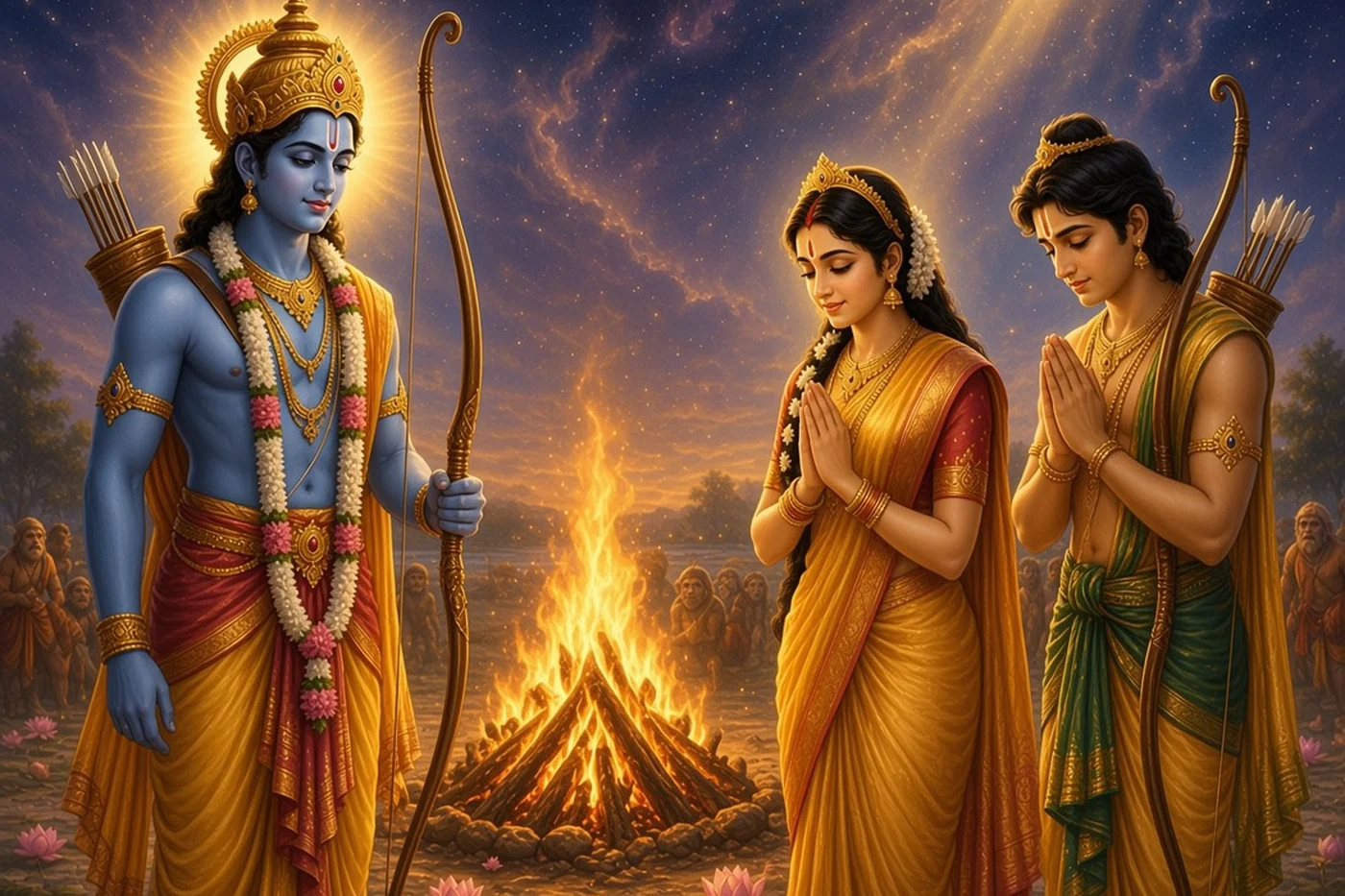 Sita joins her hands and prays before the pyre as Rama and Lakshmana stand by