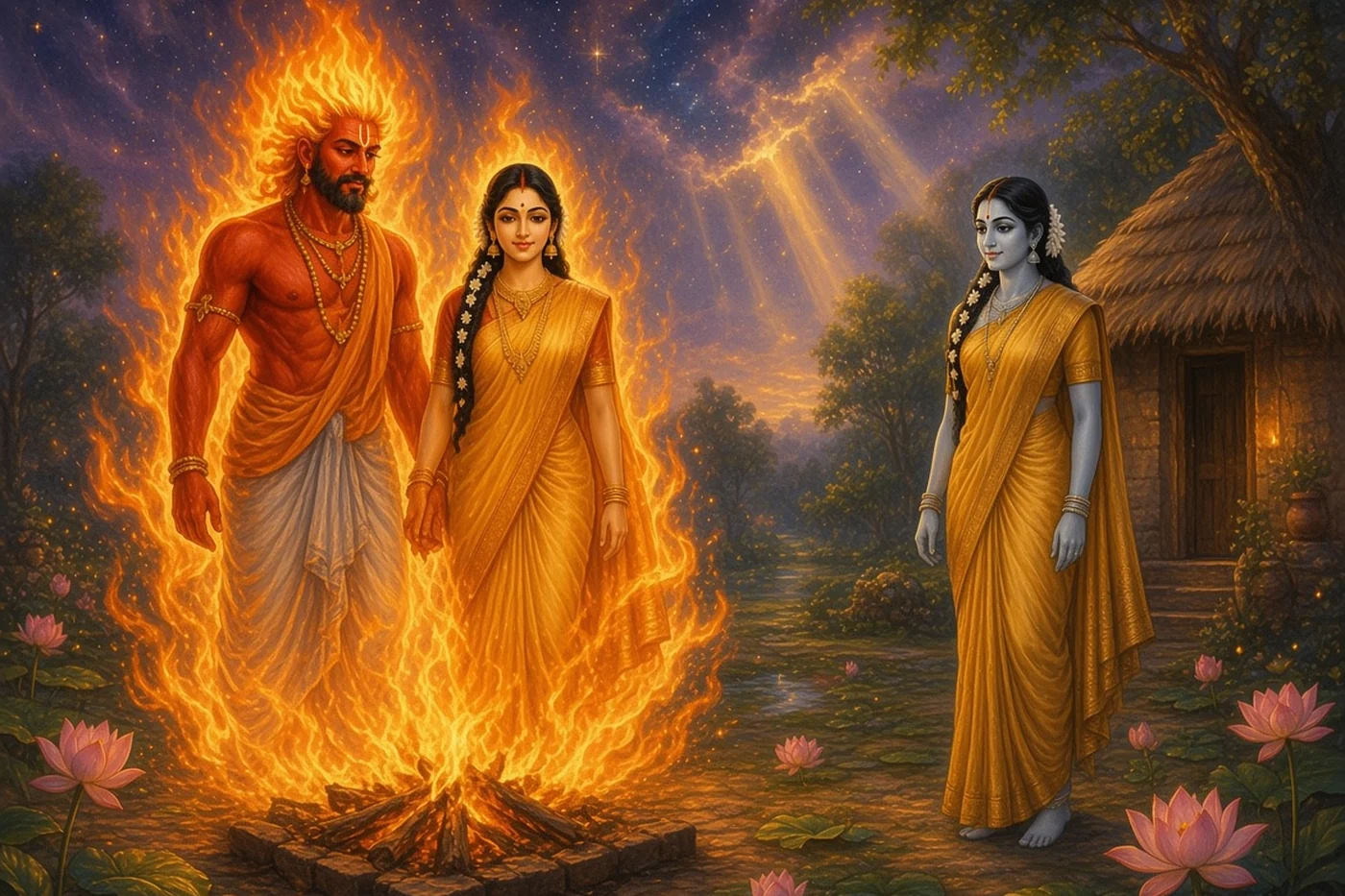 Agni hides the true Sita in the fire while her silvery shadow waits by the hut
