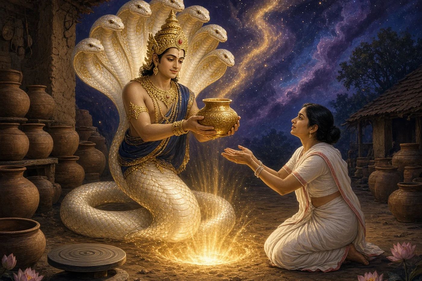 Shesha rises from the earth and gives the boy's mother a pot of nectar