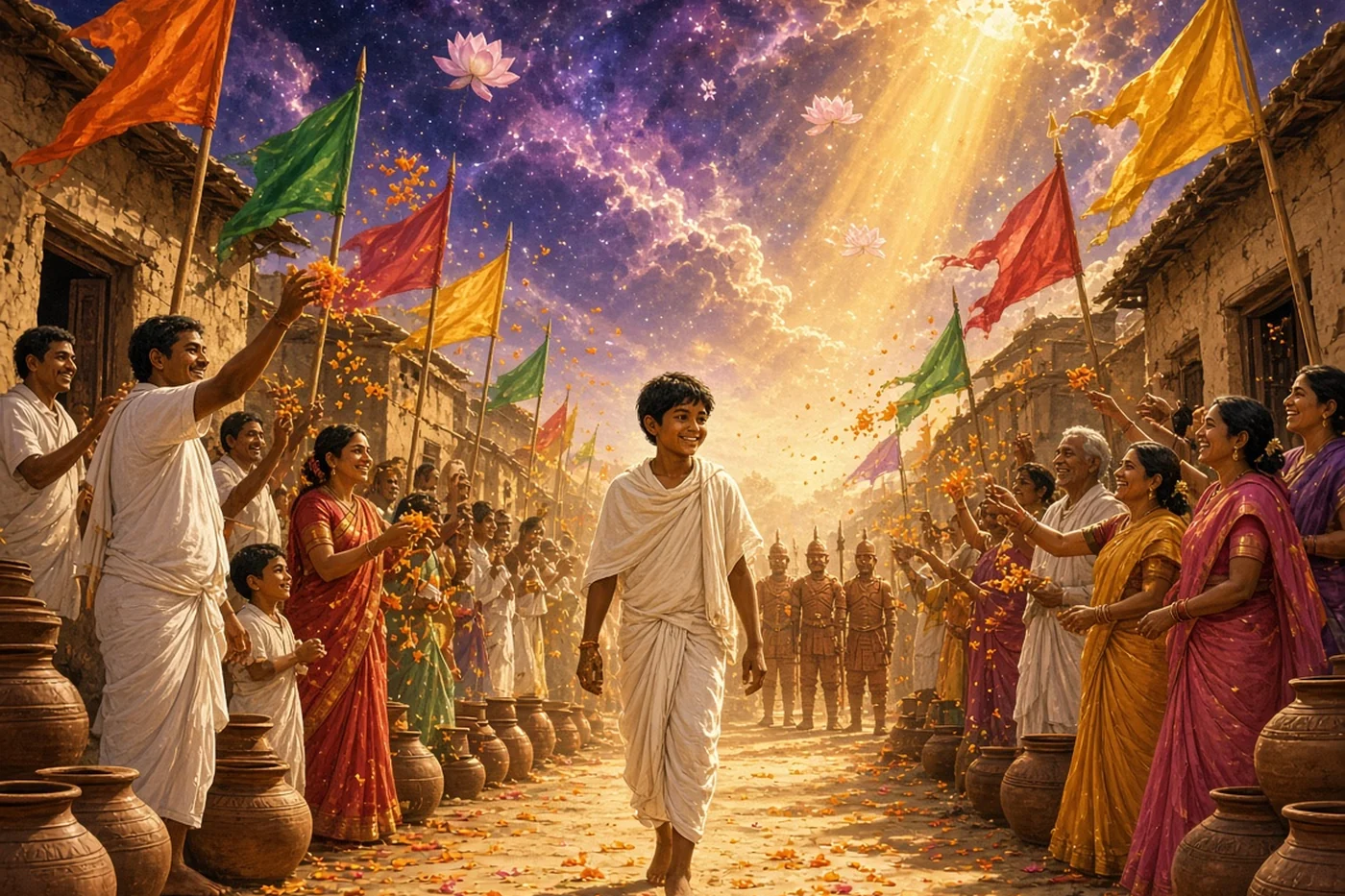 The clay boy walks home through a street of cloth flags raised on bamboo poles