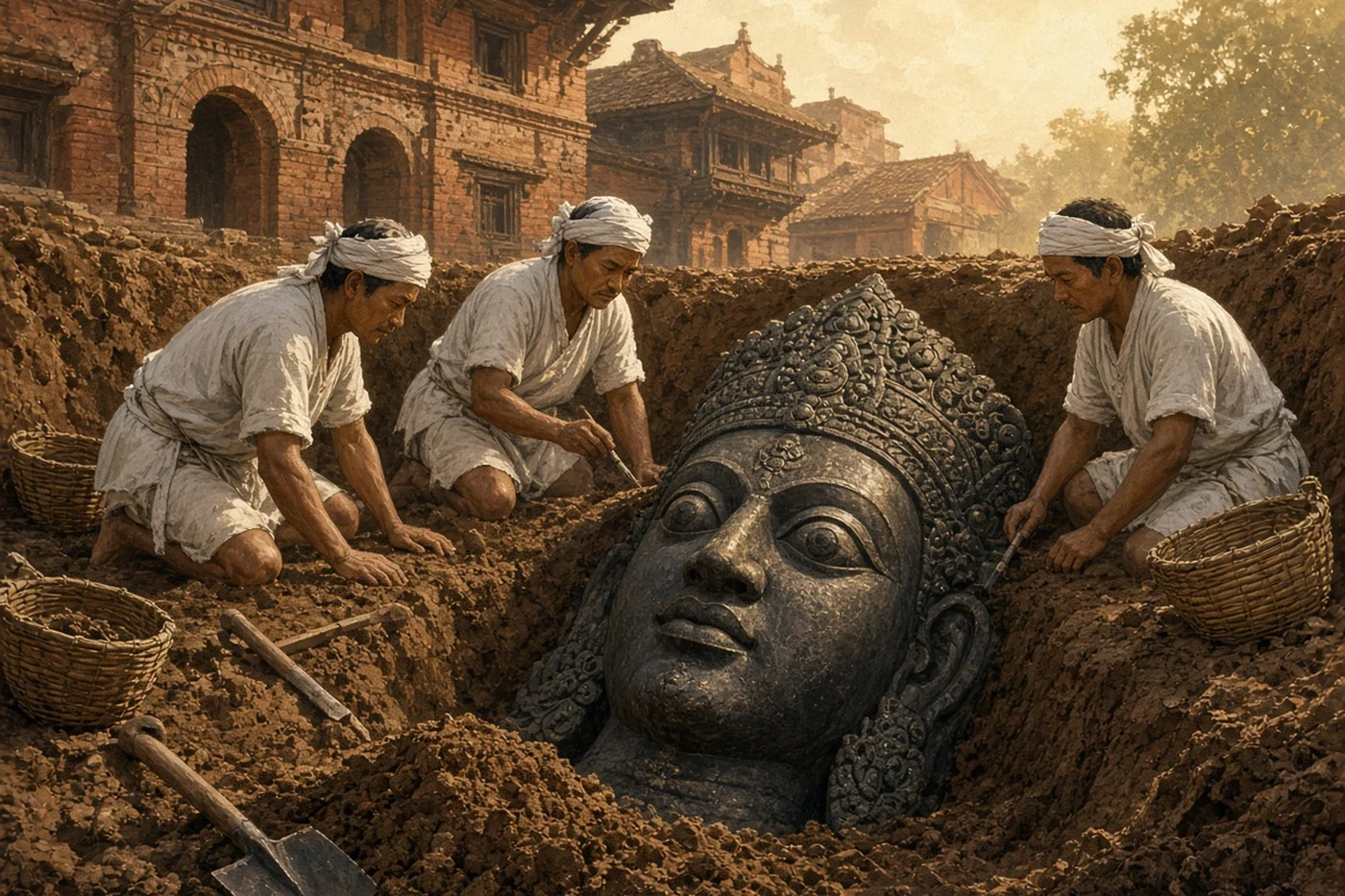Three workmen brush the earth from a huge black stone face of Bhairab