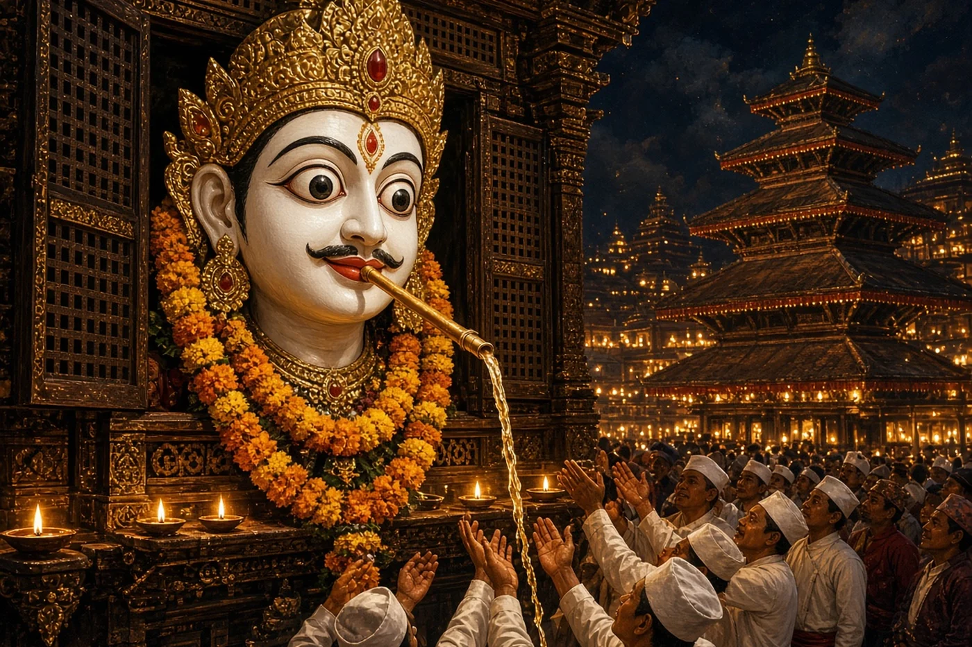 The white Bhairab's gilded mask is unveiled as a stream pours for the crowd below