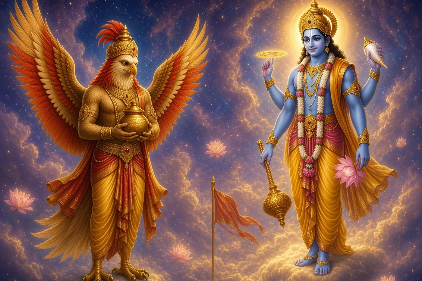 Vishnu meets Garuda in the sky as he carries the nectar he did not drink