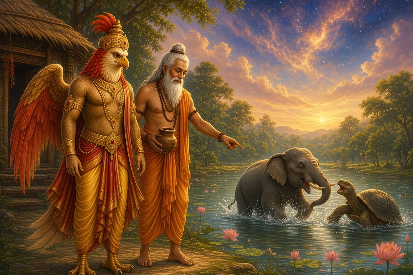 Kashyapa points Garuda to the lake where an elephant and a tortoise are quarrelling