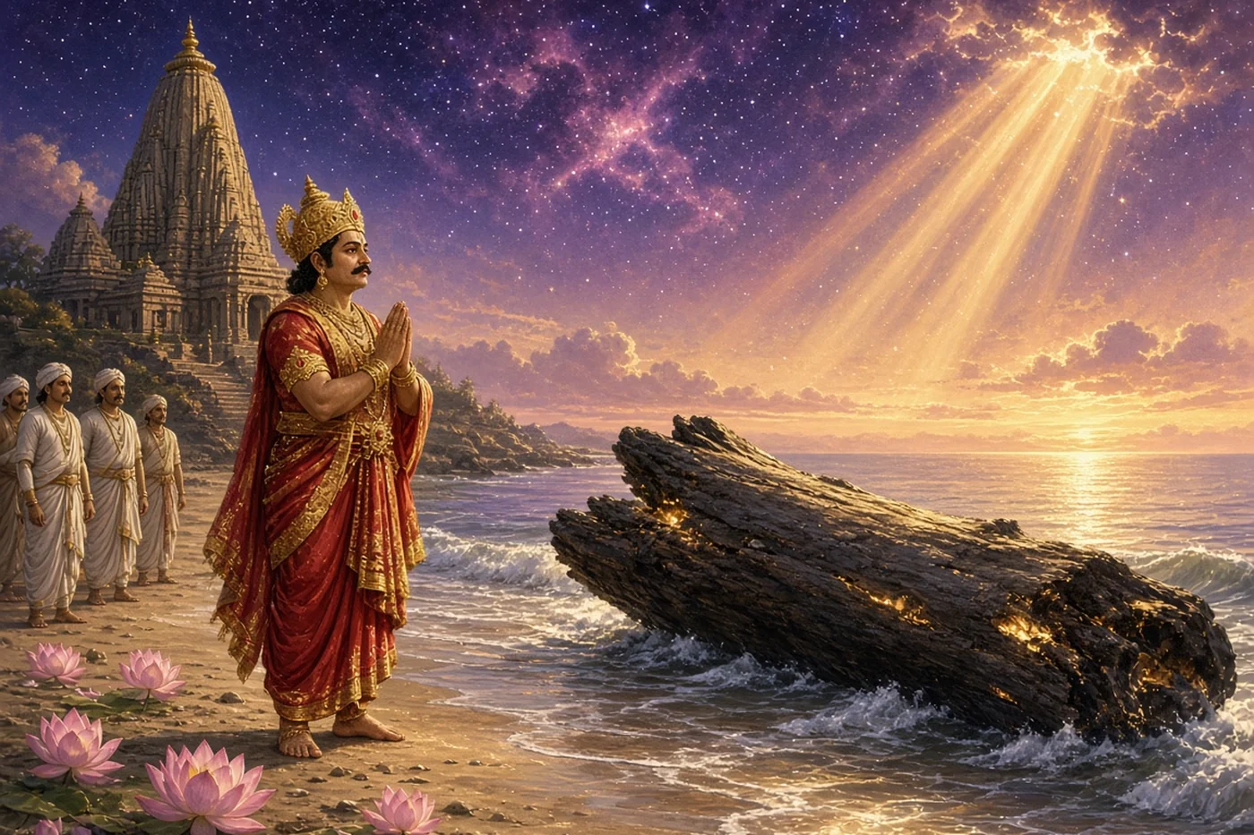 A great log floats in on the waves to King Indradyumna at his new temple by the sea