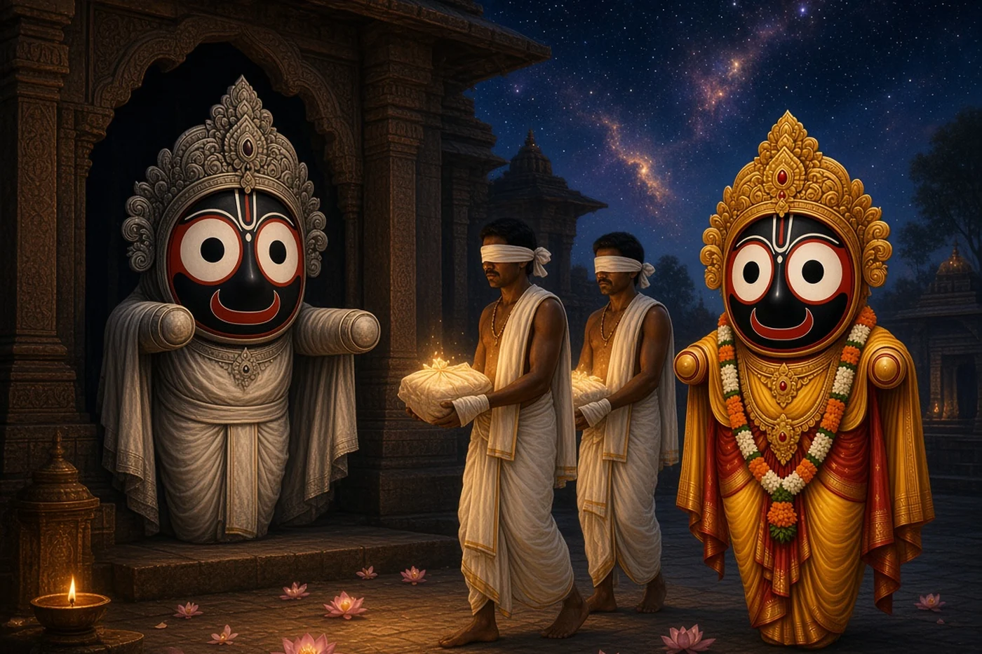 Blindfolded servitors carry the hidden substance from the old god to the new