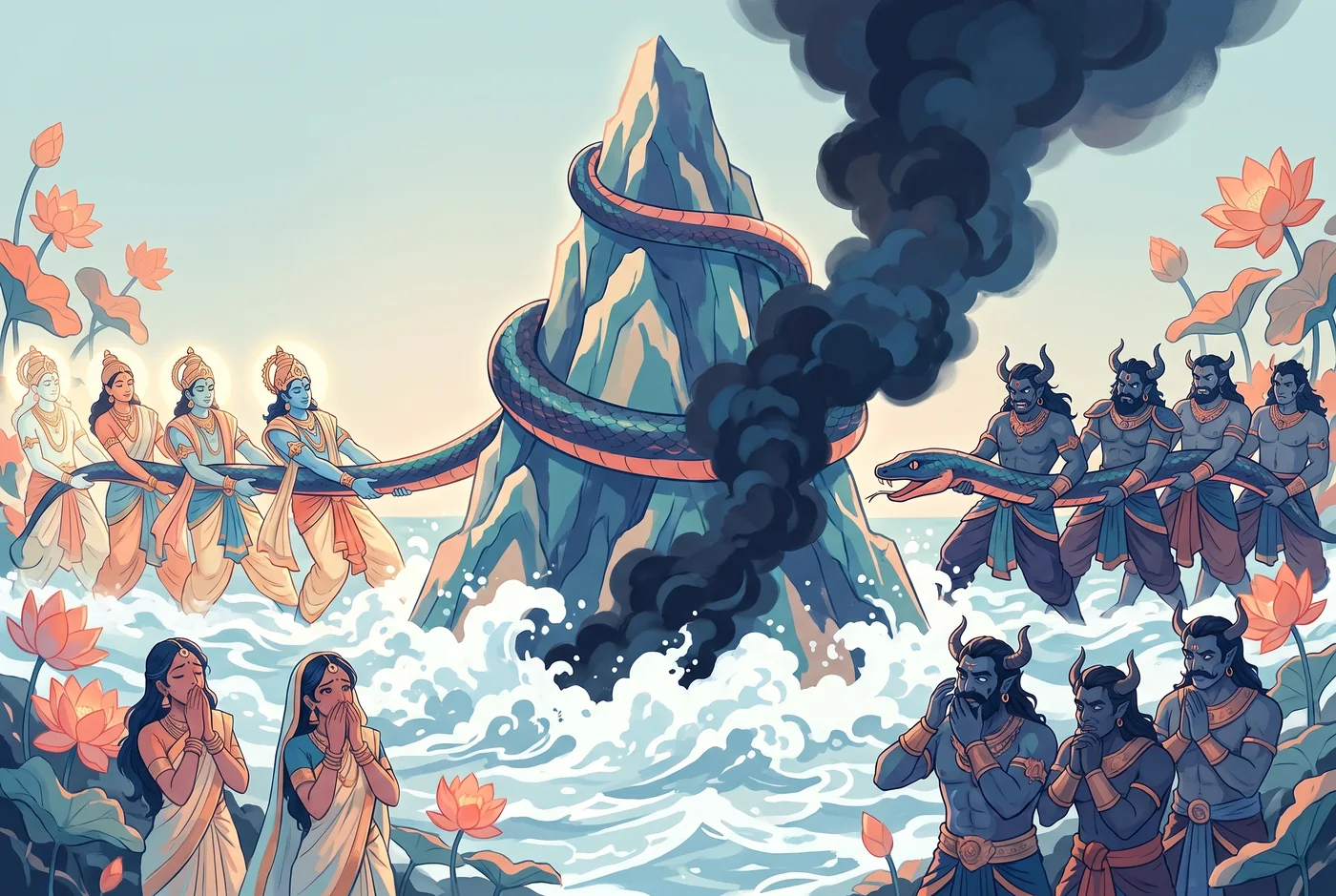 The gods and the asuras churn the ocean of milk, and the poison rises