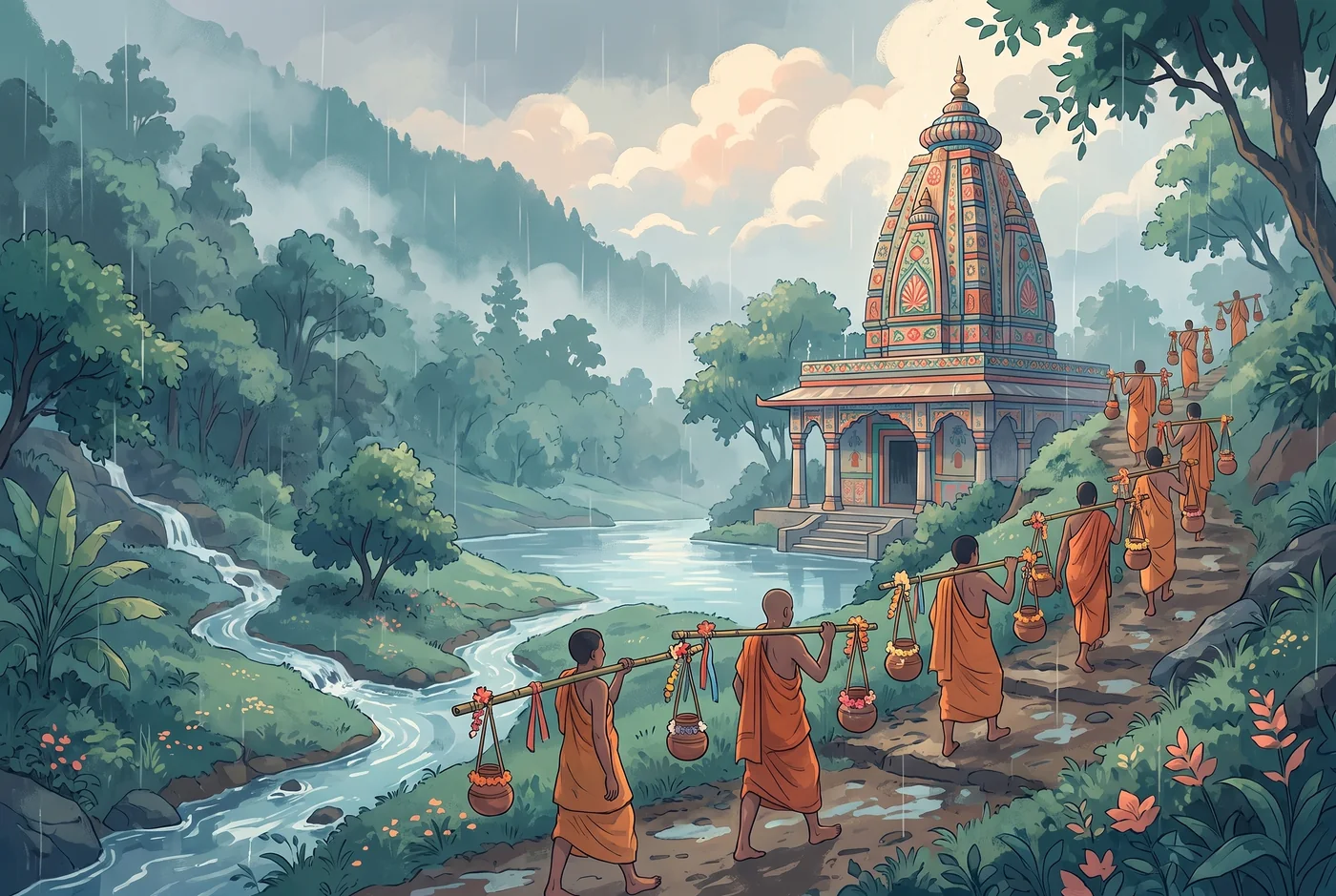Kanwar pilgrims carry river water up to the temple at the meeting of two streams