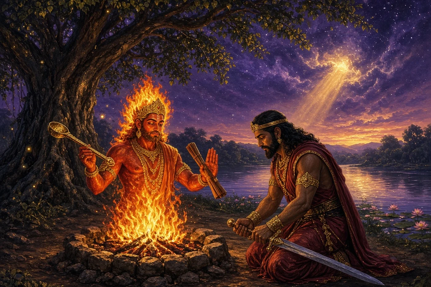 Rambha lays down his sword as the Fire speaks to him out of the flames