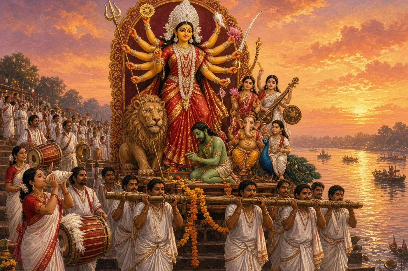 The clay Goddess and the demon at her feet carried down to the river together