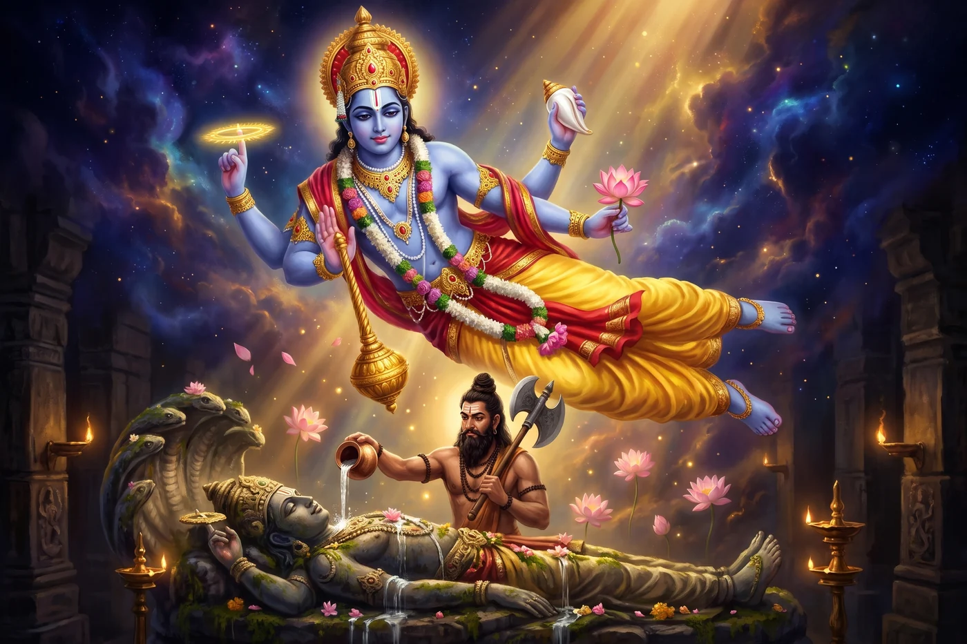 Parashurama pours water over the reclining Vishnu inside the stone shrine, his axe beside him and the lamps lit
