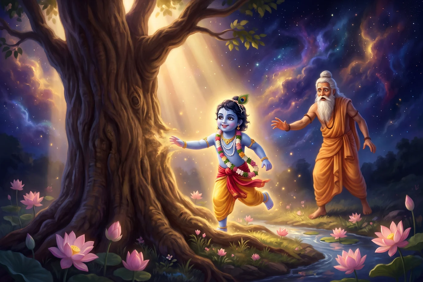 The great iluppa tree lies fallen in the forest and becomes the sleeping Vishnu while the sage stands in awe