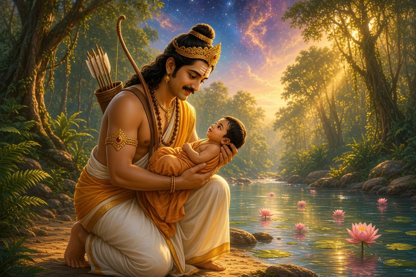 King Rajashekara lifts the baby with the gold chain from the bank of the Pampa