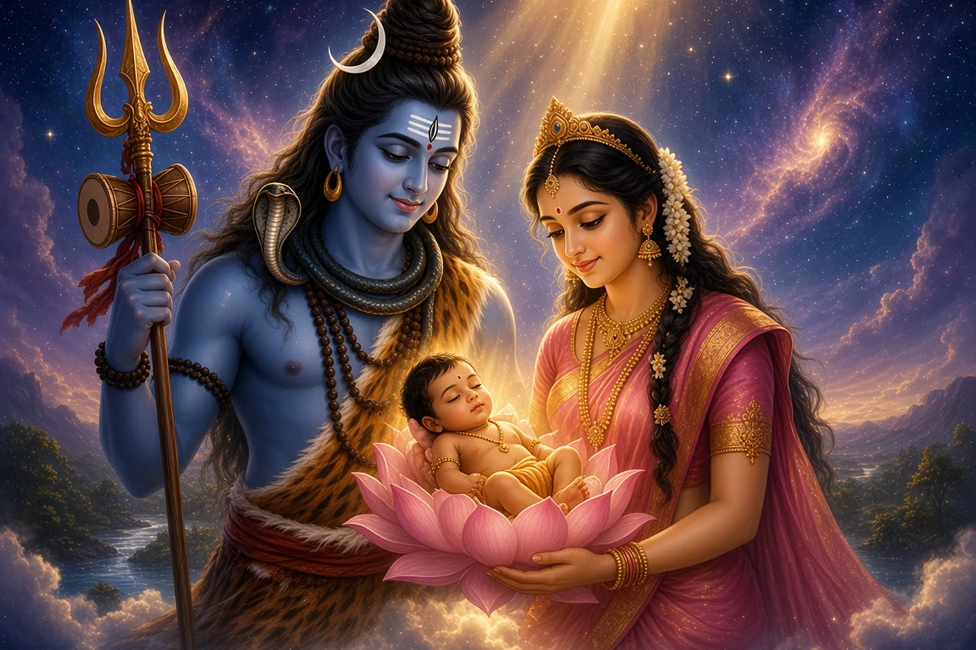Shiva and Mohini hold their newborn son on a pink lotus high above the Pampa
