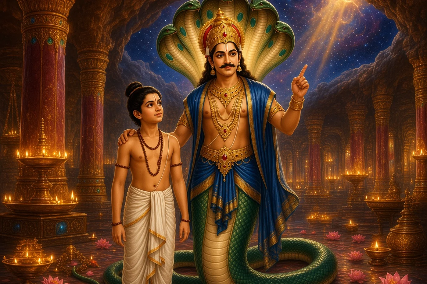 Vasuki, king of the nagas, sends his nephew Astika to stop the fire