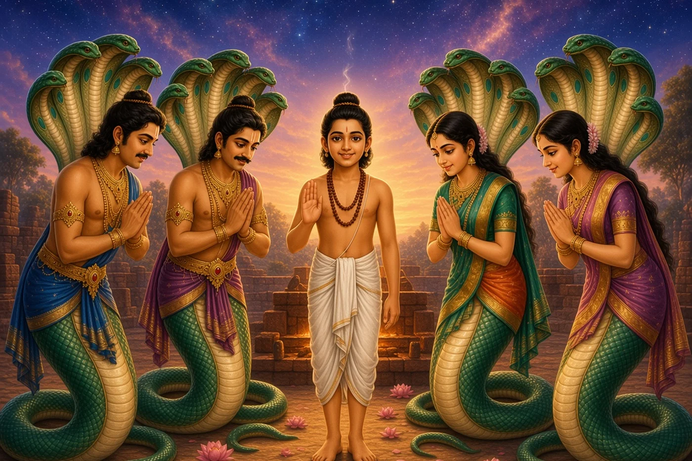 The saved nagas bow to Astika beside the quiet altar and promise to remember him