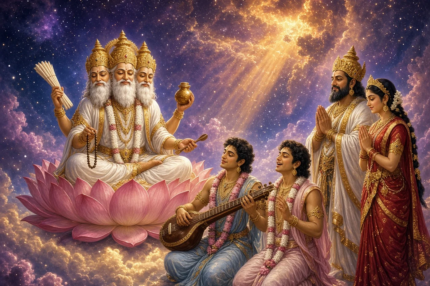 King Raivata and his daughter wait politely as two heavenly singers sing for Brahma