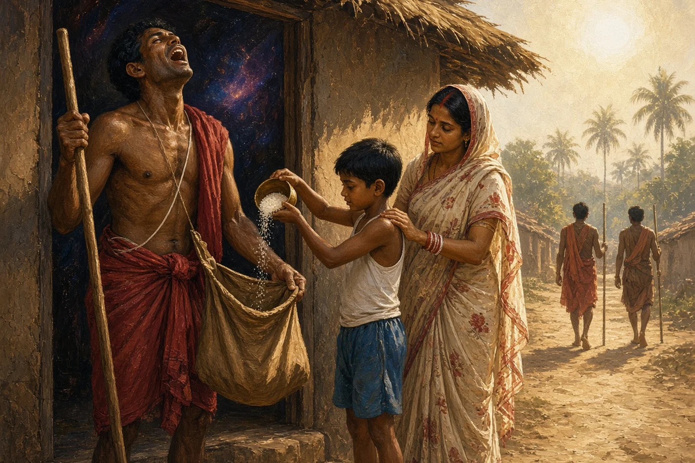 A village boy pours rice into his father's alms bag while his mother watches