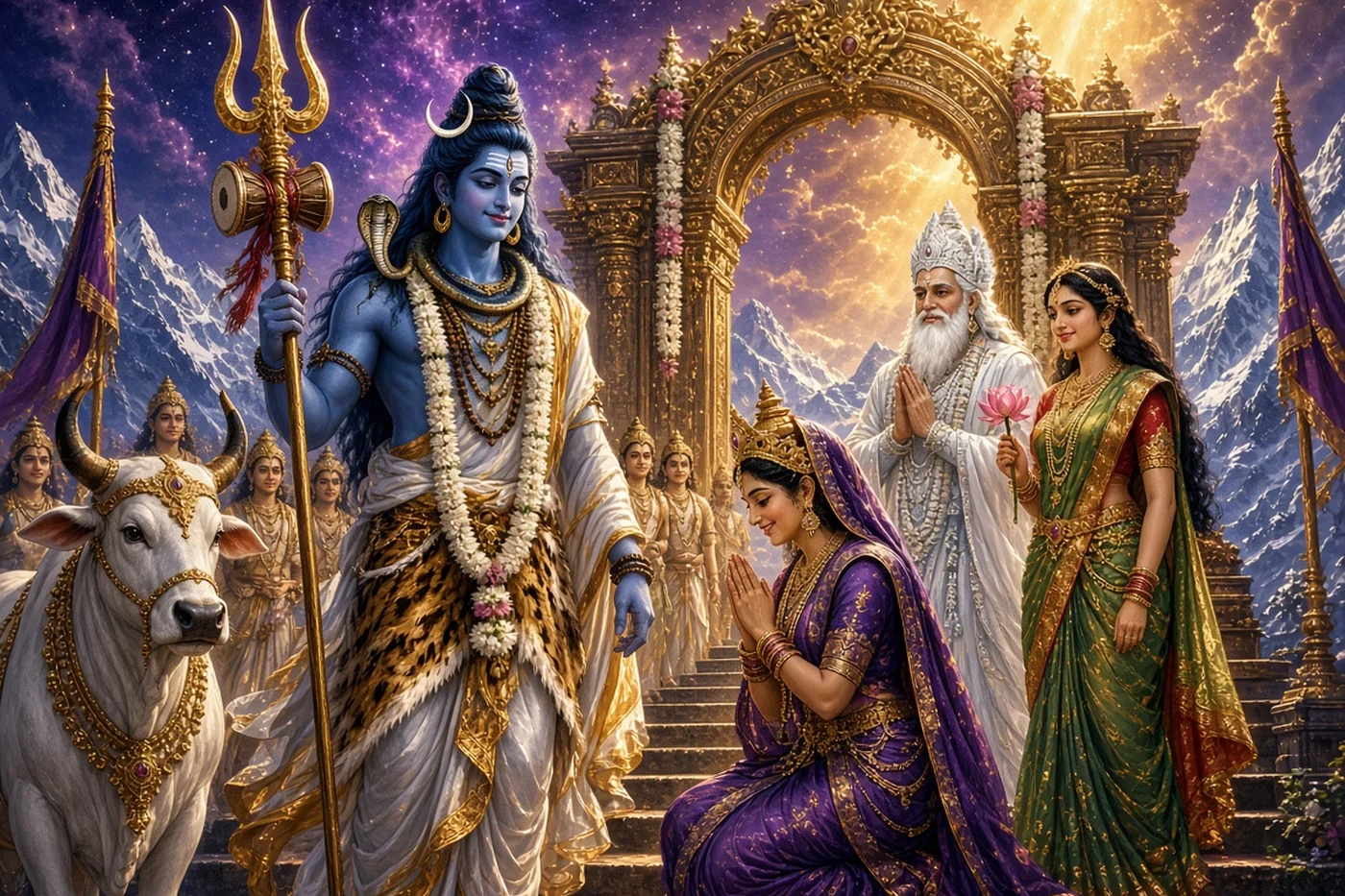Mena bows to Shiva in his shining form at Himalaya's gate as Parvati smiles