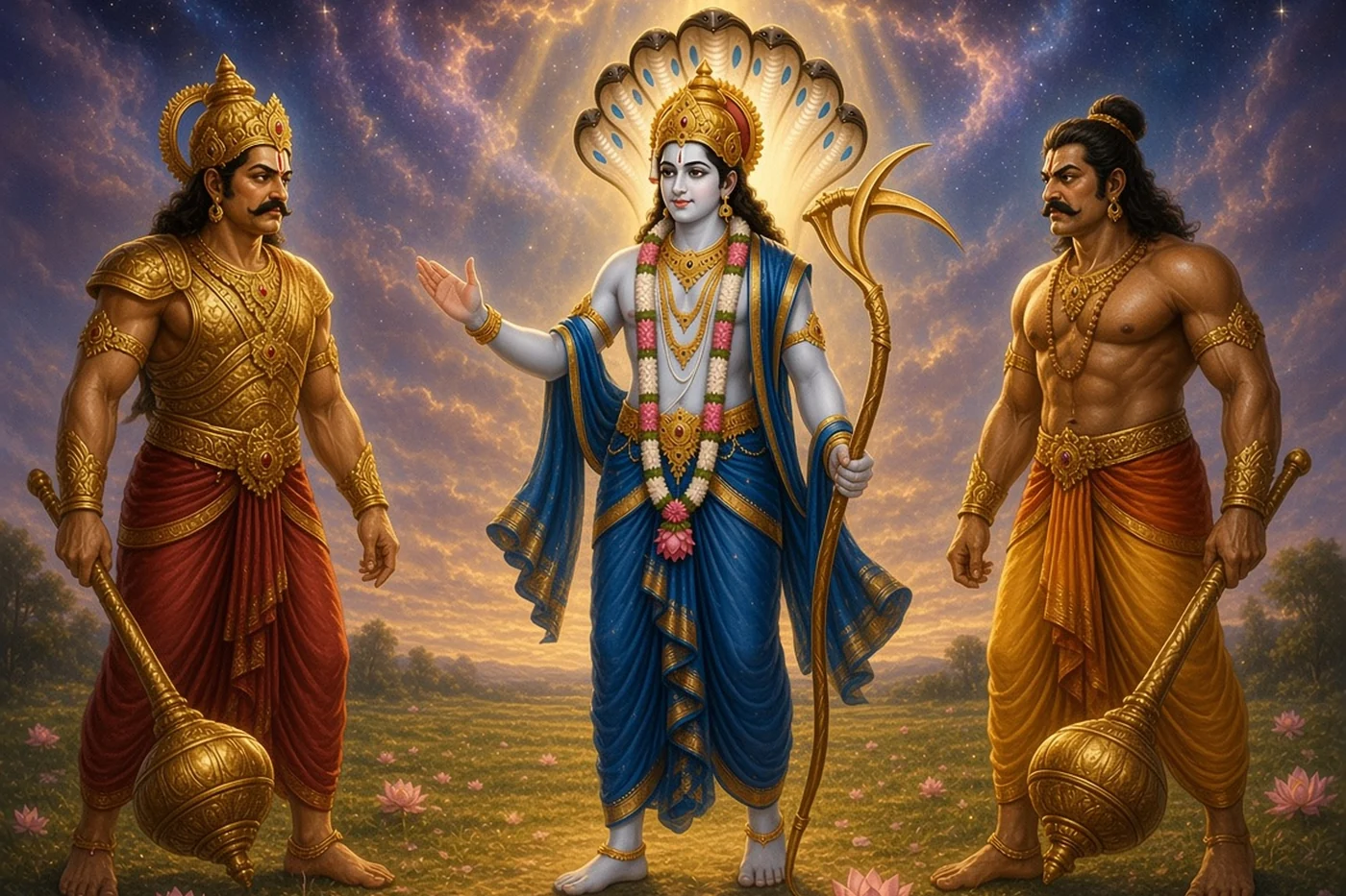 Balarama stands between Bhima and Duryodhana and tells them to stop