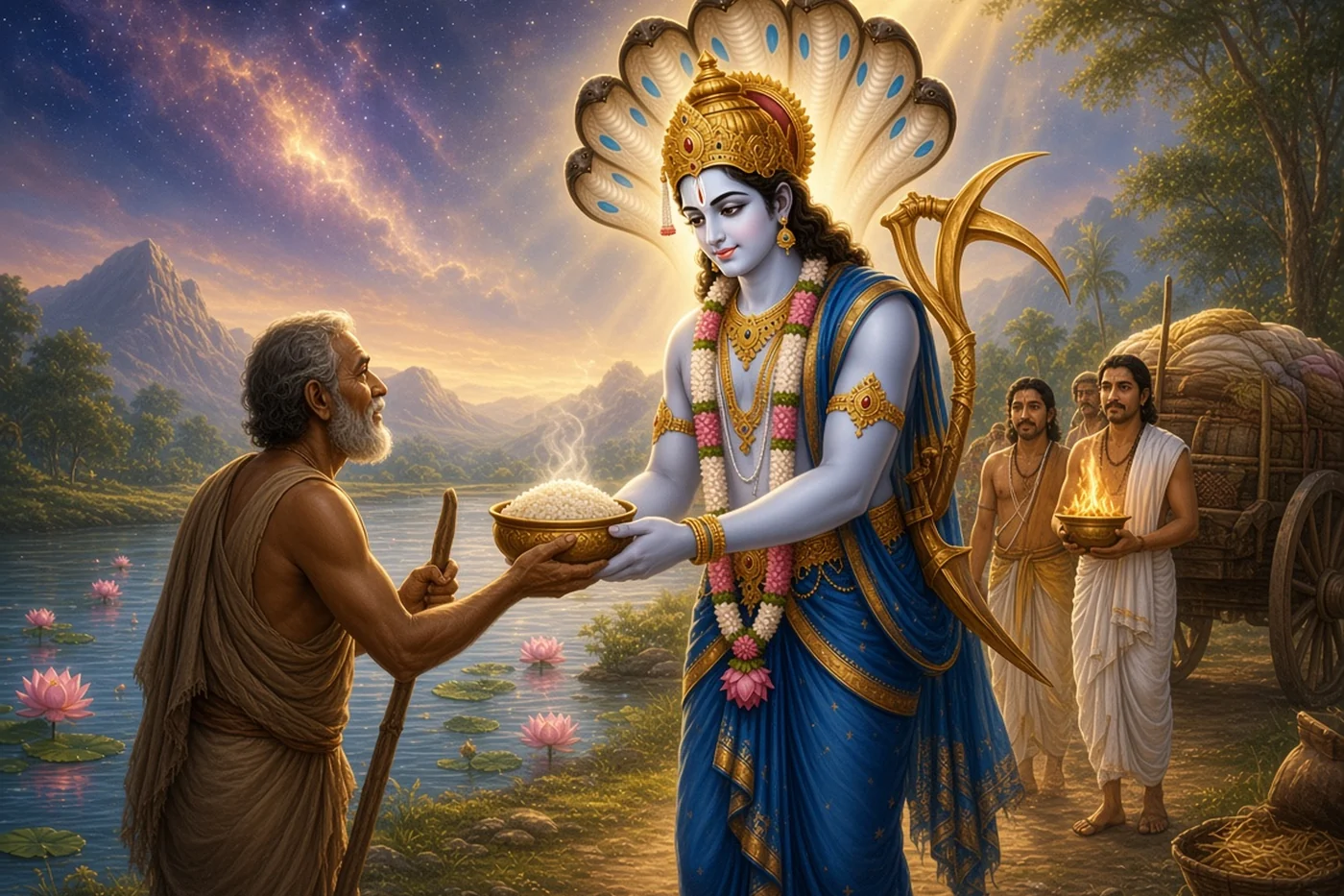 Balarama walks up the Sarasvati with priests and the sacred fire, feeding travellers