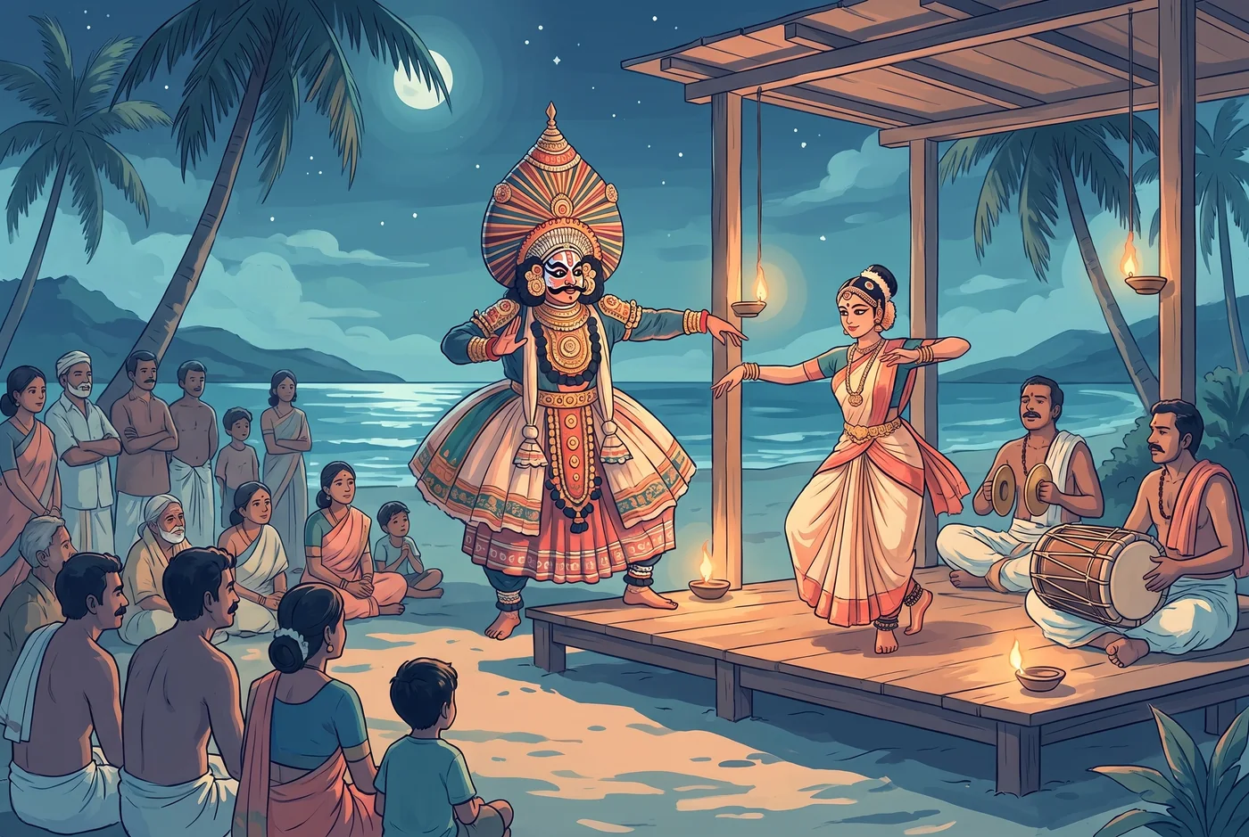 Yakshagana players on the Karnataka coast perform the dance of Bhasmasura and Mohini
