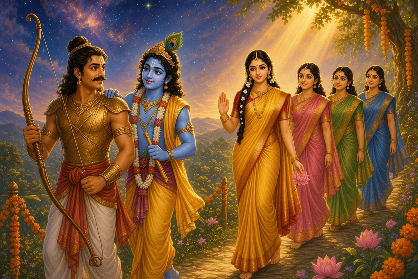 Krishna smiles as Arjuna stops to gaze at Subhadra among her friends