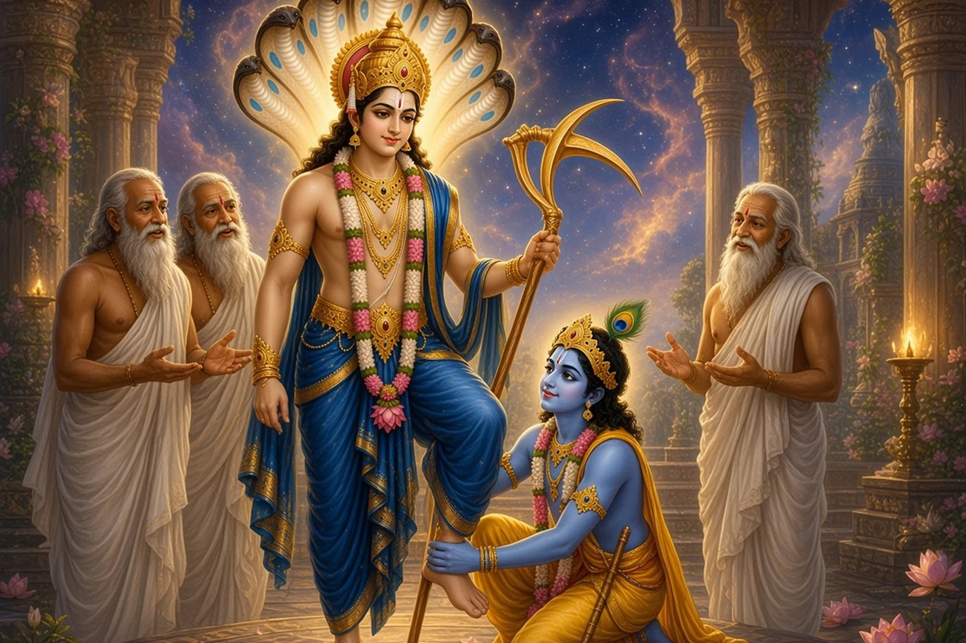 Krishna kneels and holds Balarama's feet as the elders calm his anger
