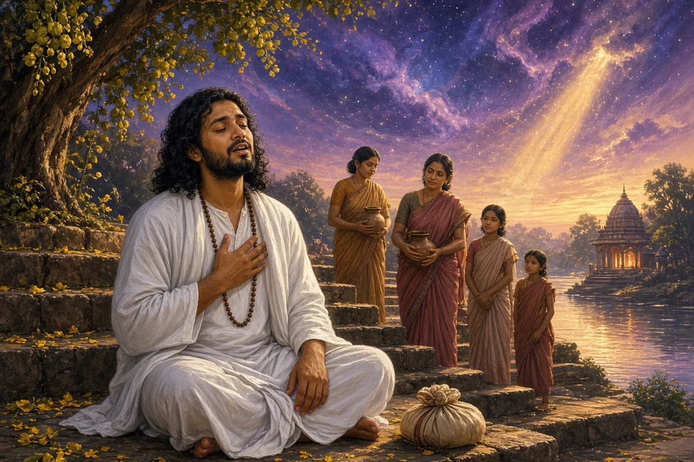 Salabega sits by the river in Vrindavan and sings his songs to Krishna