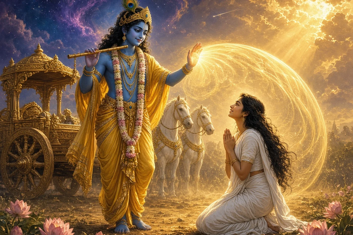 Krishna raises his hand and wraps Uttara and her unborn child in golden light