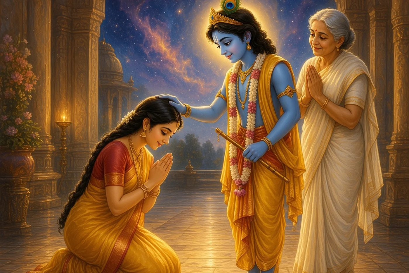 Subhadra bows her head before Krishna and asks him to keep his promise