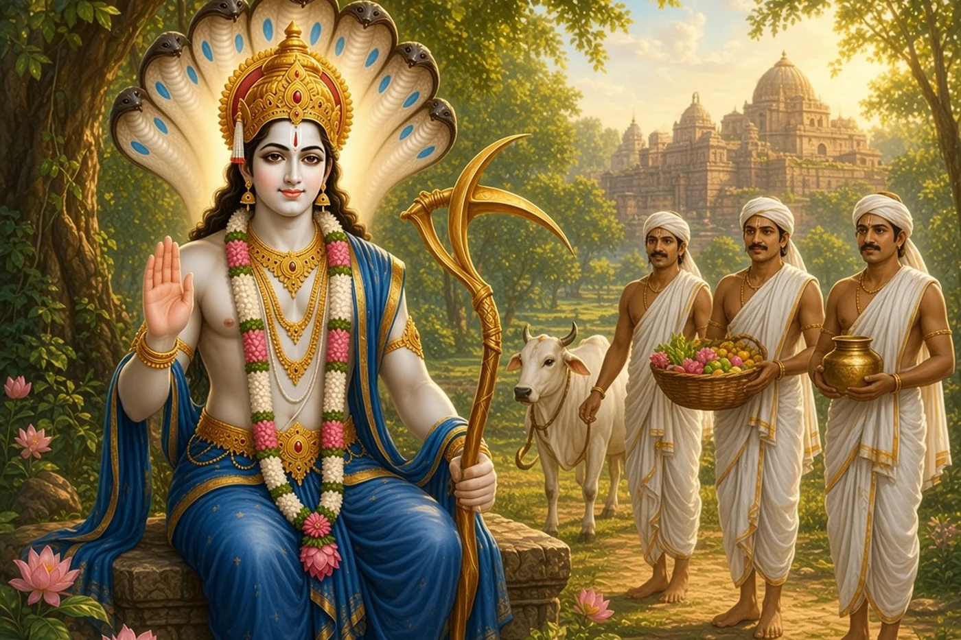 Balarama waits in a grove outside Hastinapura as the Kurus send a cow, fruit and flowers