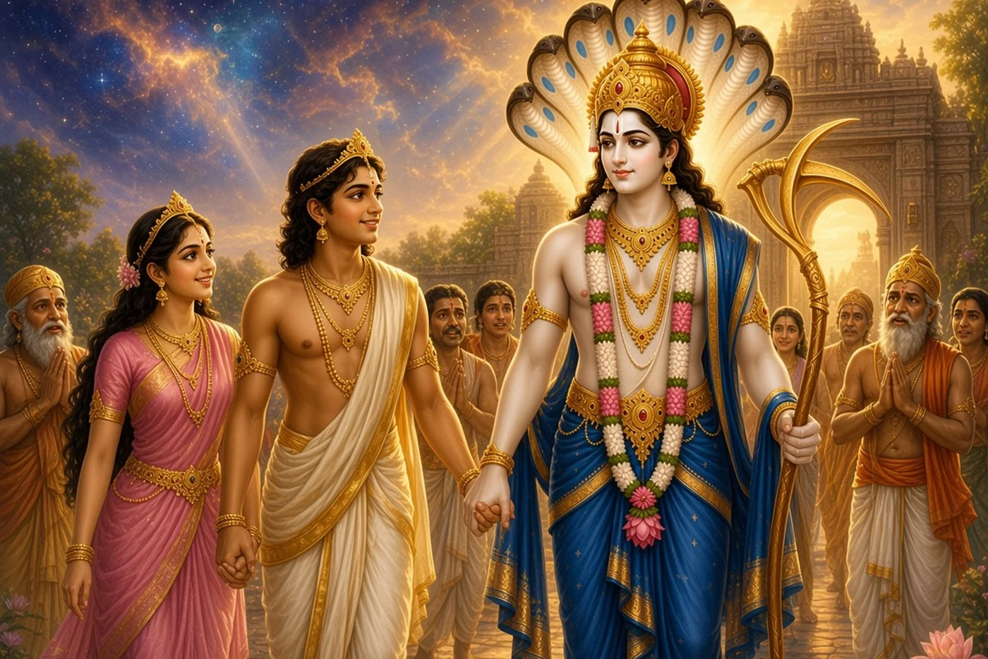 The Kurus bring Samba and Lakshmana out to Balarama with joined palms