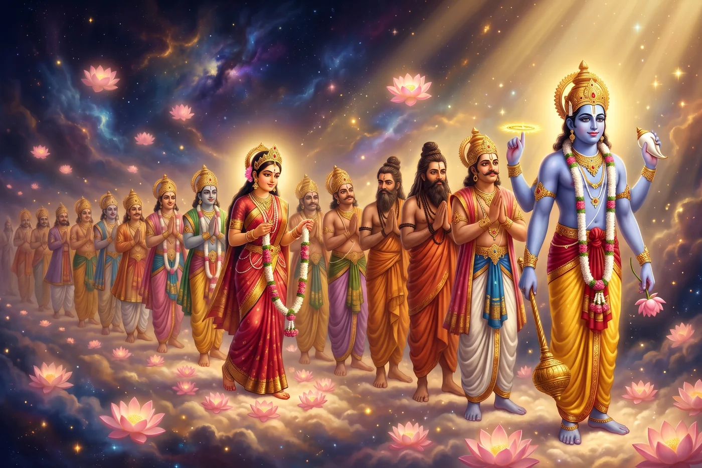 Lakshmi walks past the gods and the sages with a garland in her hands, and every one of them looks at her
