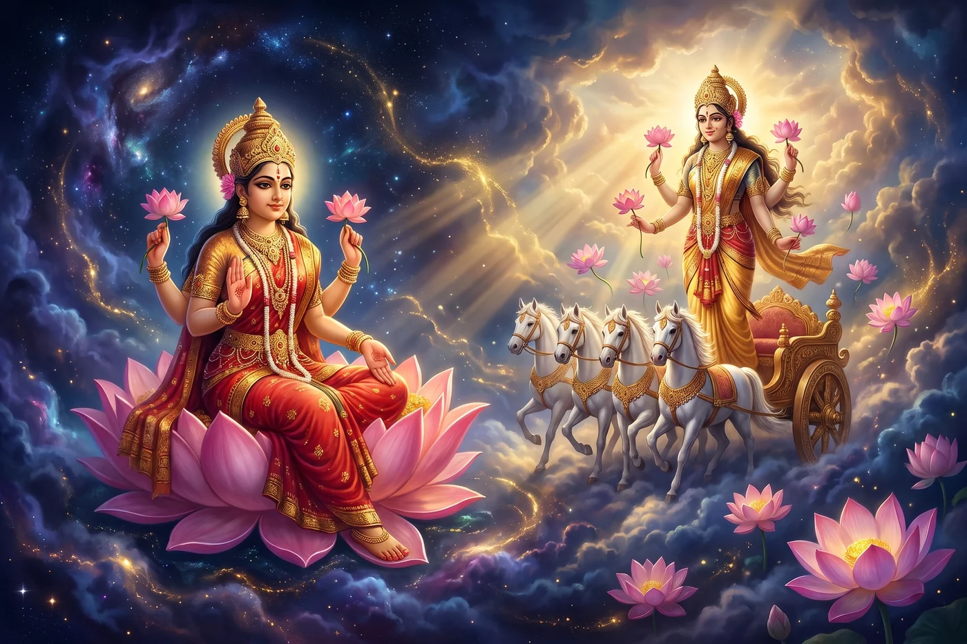 The Vedic Shri, a golden goddess, stands in a chariot among lotuses