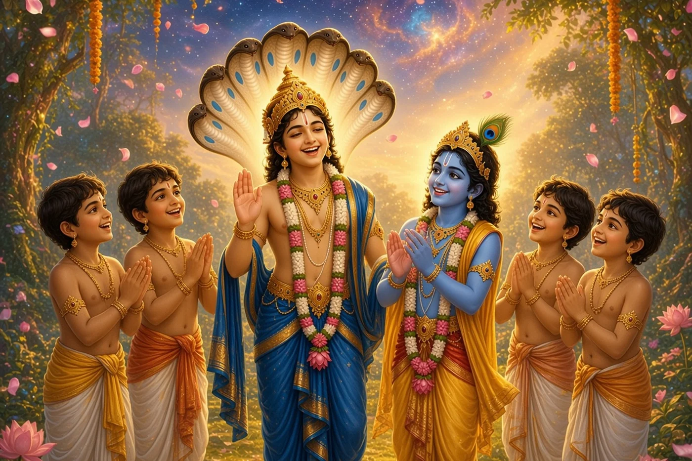 The cowherd boys cheer Balarama as garlands and petals fall from the sky